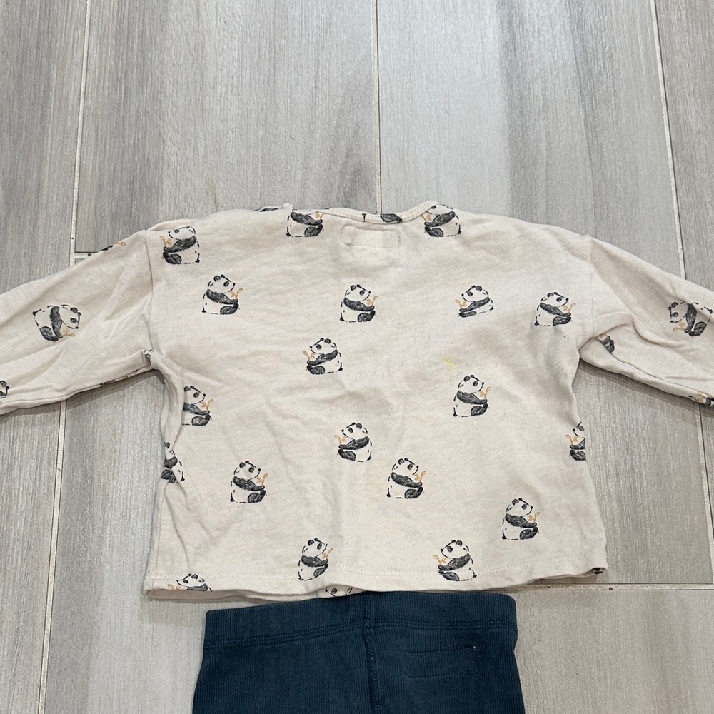 Zara 12-18M Cream Panda Print Top and Teal Ribbed Leggings Pants - Picture 9 of 11